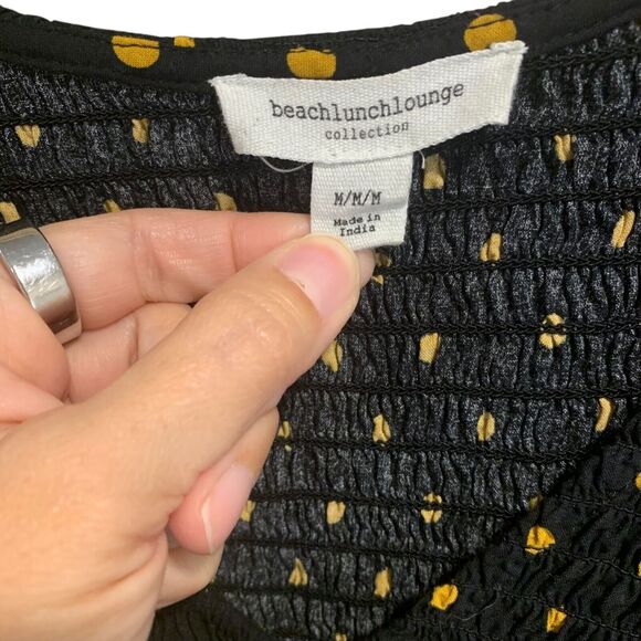 Beach Lunch Lounge Womens Black Gold Polka Dot Smocked Bust Flare Dress M Boho - Picture 4 of 7